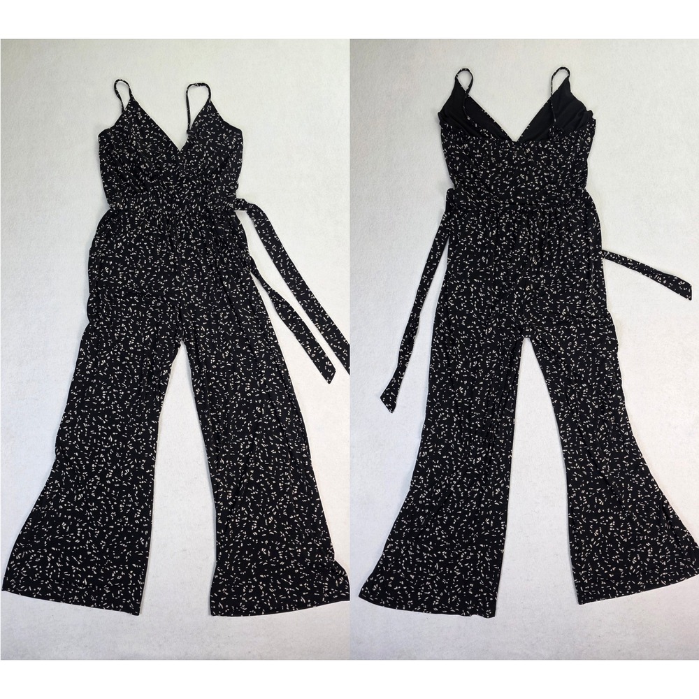 Kaileigh Women Large Jumpsuit Black Cream White Wide Leg Belted Speckled
